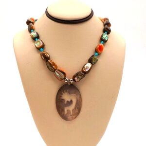 Vtg Silver Kokopelli Semi Precious Stone Necklace W\ Silver Beads and Faux Turqu